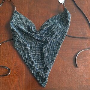 Elegant blue black Sequin triangle crop top tie back